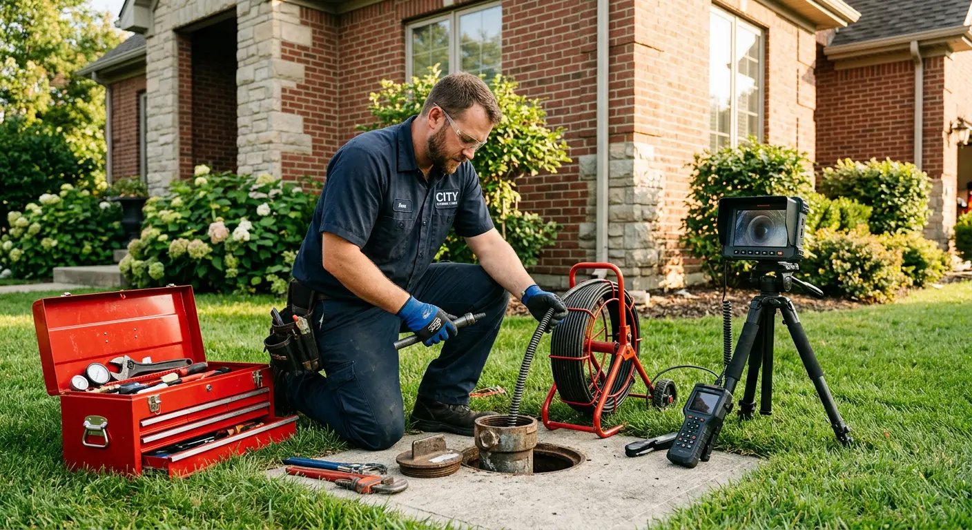 Sewer specialist with camera equipment servicing a cleanout in Lockhart