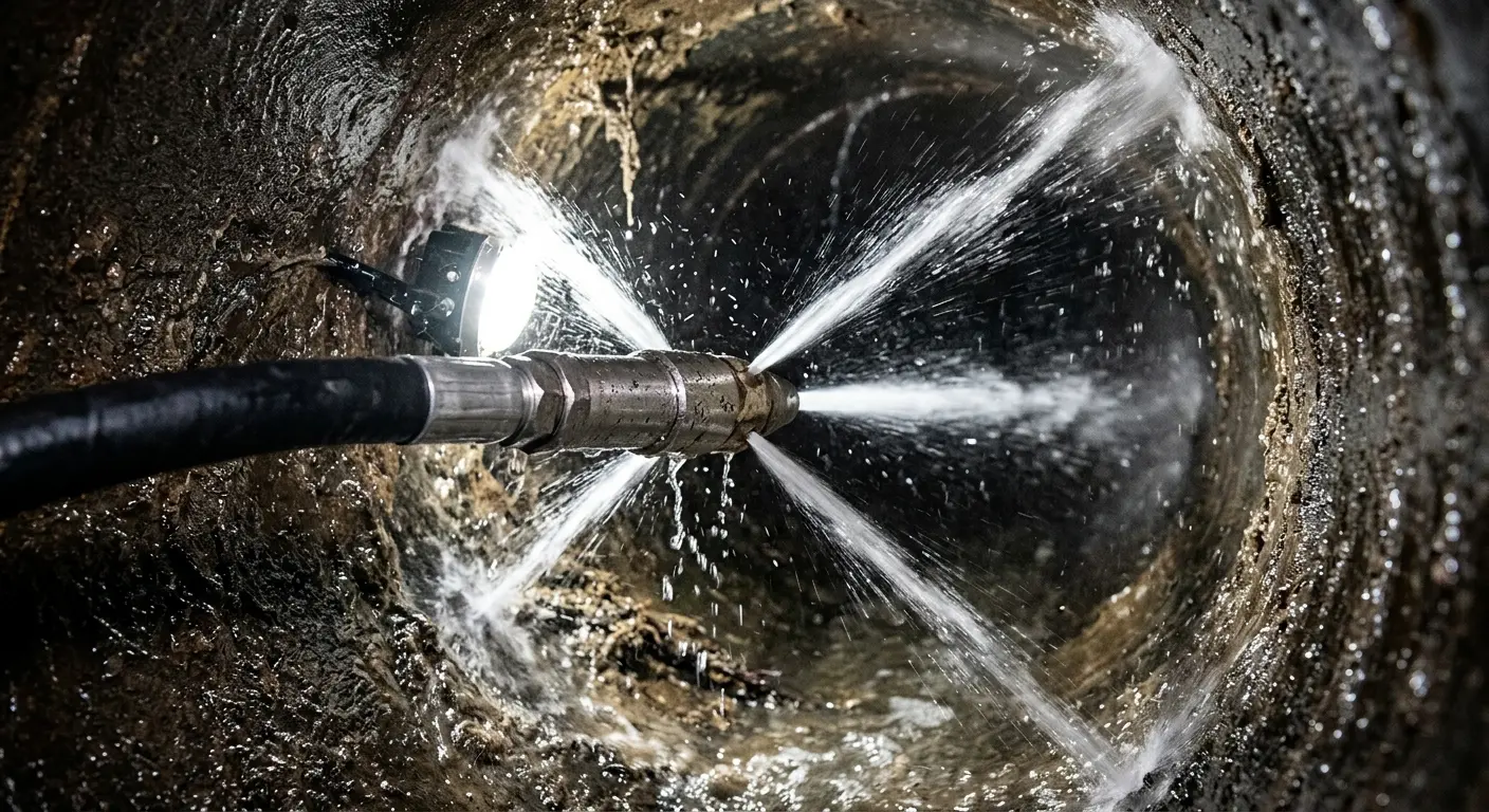 High-pressure hydro jetting nozzle cleaning sewer pipe for Trenchless Sewer Repair in Lockhart