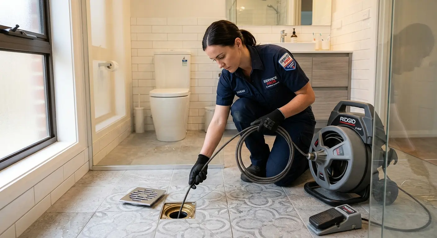 Technician clearing a bathroom floor drain for Drain Repair in Lockhart